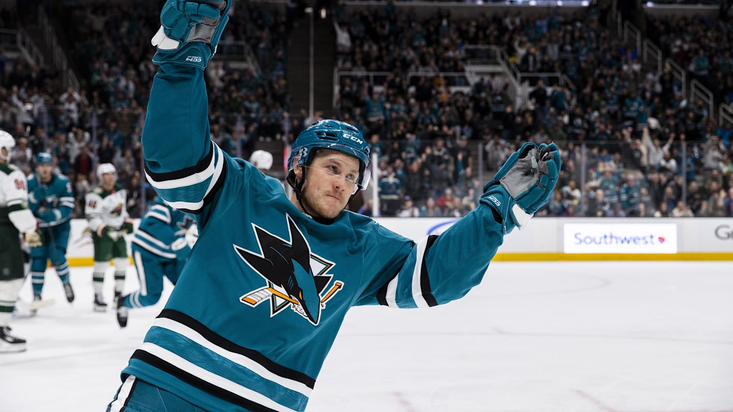 Dec 31, 2025; San Jose, California, USA;  San Jose Sharks left wing Jeff Skinner (53) reacts after scoring against the Minnesota Wild during the second period at SAP Center at San Jose. Mandatory Credit: John Hefti-Imagn Images