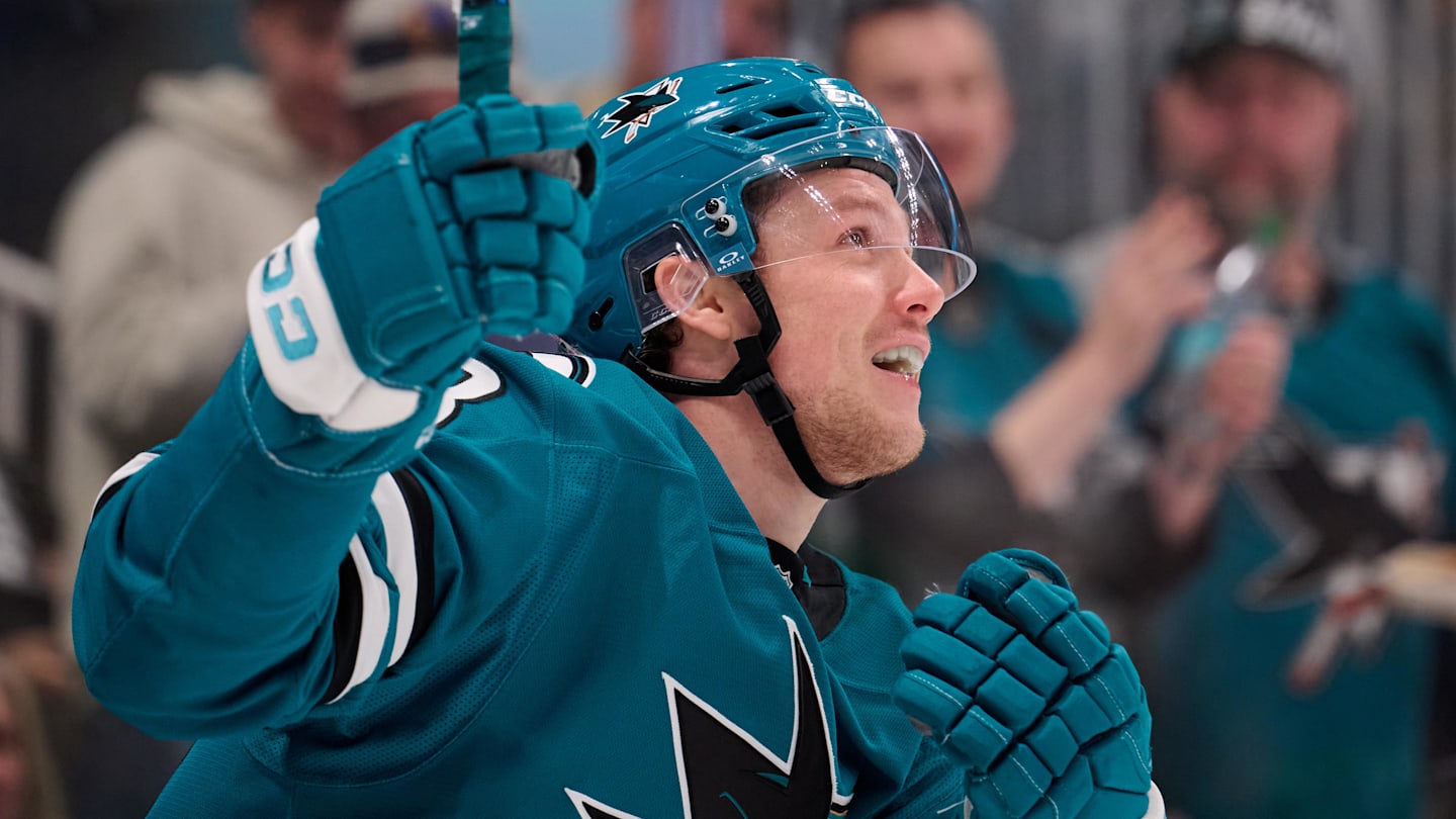 Jan 10, 2026; San Jose, California, USA; San Jose Sharks left wing Jeff Skinner (53) reacts after scoring a goal against the Dallas Stars during the second period at SAP Center at San Jose. Mandatory Credit: Robert Edwards-Imagn Images