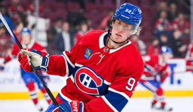 Oct 16, 2025; Montreal, Quebec, CAN; Montreal Canadiens right wing Patrik Laine (92) looks on during warm-up before the game against the Nashville Predators at Bell Centre. Mandatory Credit: David Kirouac-Imagn Images