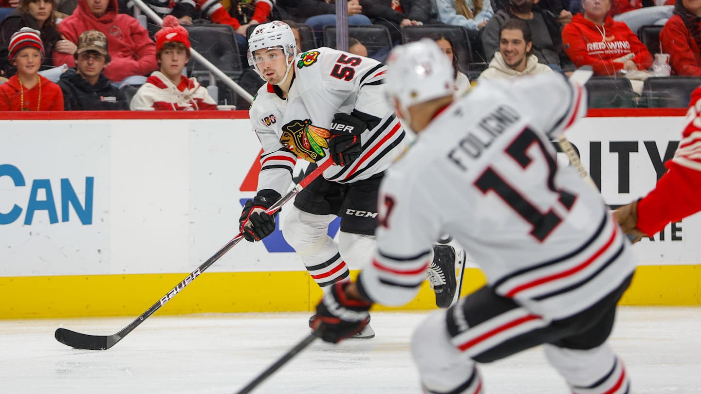 Nov 9, 2025; Detroit, Michigan, USA; Chicago Blackhawks defenseman Artyom Levshunov (55) handles the puck during the third period against the Detroit Red Wings at Little Caesars Arena. Mandatory Credit: Brian Bradshaw Sevald-Imagn Images