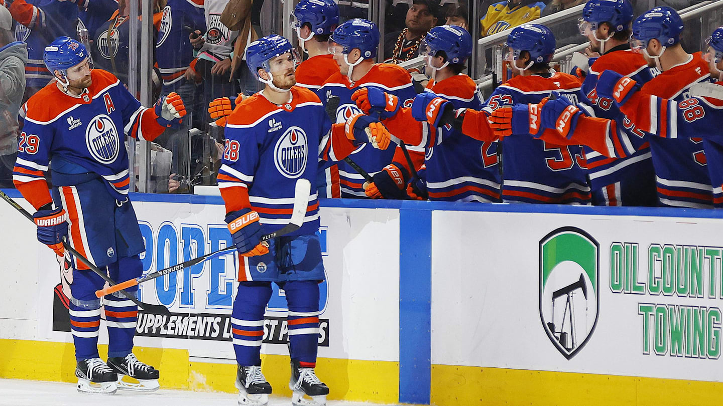 Nov 1, 2025; Edmonton, Alberta, CAN; The Edmonton Oilers celebrate a goal scored by forward Jack Roslovic (28)) during the second period against the Chicago Blackhawks at Rogers Place. Mandatory Credit: Perry Nelson-Imagn Images