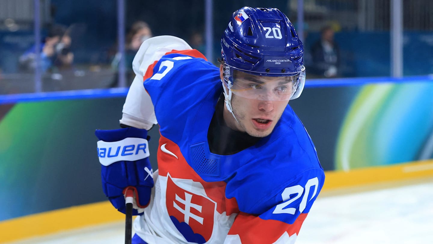 Feb 13, 2026; Milan, Italy; Juraj Slafkovsky of Slovakia in action during a Group B men's ice hockey game during the Milano Cortina 2026 Olympic Winter Games at Milano Rho Ice Hockey Arena. Mandatory Credit: Katie Stratman-Imagn Images