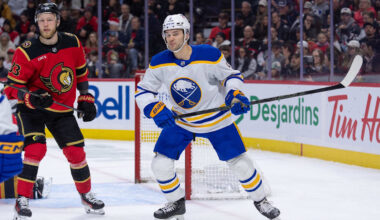 Dec 23, 2025; Ottawa, Ontario, CAN; Ottawa Senators defenseman Nikolas Matinpalo (33) and Buffalo Sabres center josh Norris (9) follow the puck in the second period at the Canadian Tire Centre. Mandatory Credit: Marc DesRosiers-IMAGN Images