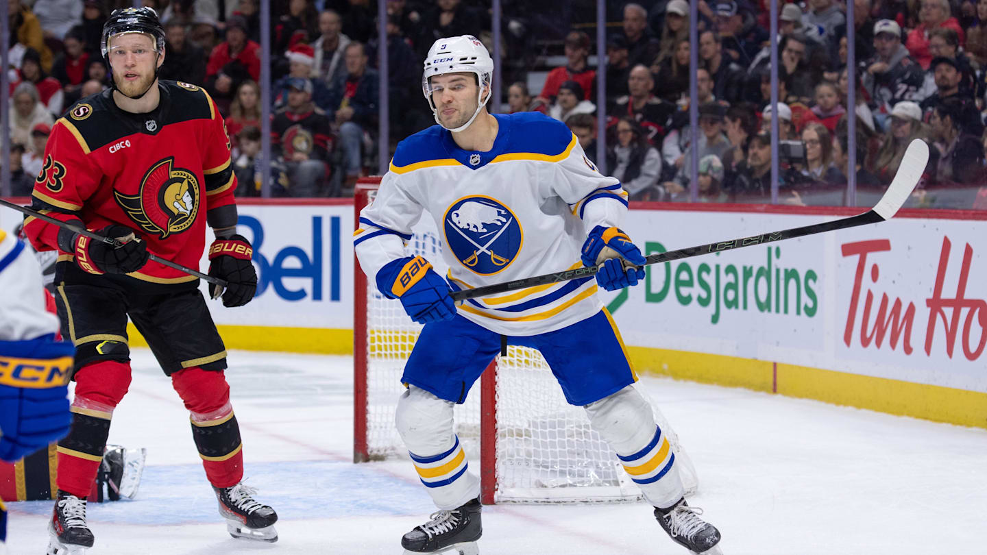 Dec 23, 2025; Ottawa, Ontario, CAN; Ottawa Senators defenseman Nikolas Matinpalo (33) and Buffalo Sabres center josh Norris (9) follow the puck in the second period at the Canadian Tire Centre. Mandatory Credit: Marc DesRosiers-IMAGN Images