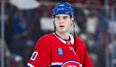 Jan 12, 2026; Montreal, Quebec, CAN; Montreal Canadiens left wing Juraj Slafkovsky (20) looks on during warm-up before the game against the Vancouver Canucks at Bell Centre. Mandatory Credit: David Kirouac-Imagn Images