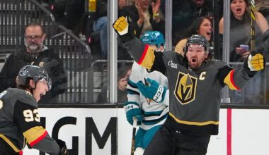 Nov 29, 2025; Las Vegas, Nevada, USA; Vegas Golden Knights right wing Mitch Marner (93) celebrates with Vegas Golden Knights right wing Mark Stone (61) after scoring a goal against the San Jose Sharks during the second period at T-Mobile Arena. Mandatory Credit: Stephen R. Sylvanie-Imagn Images