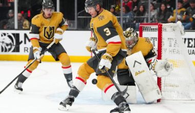 Dec 29, 2025; Las Vegas, Nevada, USA; Vegas Golden Knights defenseman Brayden McNabb (3) blocks a Minnesota Wild shot during the first period at T-Mobile Arena. Mandatory Credit: Stephen R. Sylvanie-Imagn Images