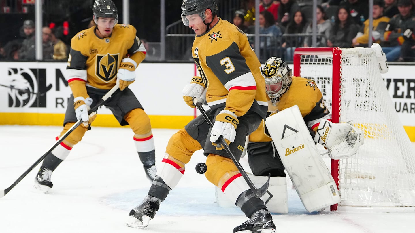 Dec 29, 2025; Las Vegas, Nevada, USA; Vegas Golden Knights defenseman Brayden McNabb (3) blocks a Minnesota Wild shot during the first period at T-Mobile Arena. Mandatory Credit: Stephen R. Sylvanie-Imagn Images