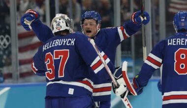 Feb 18, 2026; Milan, Italy; Connor Hellebuyck (37) of the United States and Jack Eichel (9) of the United States celebrate after defeating Sweden in a men's ice hockey quarterfinal during the Milano Cortina 2026 Olympic Winter Games at Milano Santagiulia Ice Hockey Arena. Mandatory Credit: Geoff Burke-Imagn Images