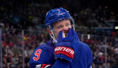 Feb 18, 2026; Milan, Italy; Jack Eichel of United States reacts against Sweden in a men's ice hockey quarterfinal during the Milano Cortina 2026 Olympic Winter Games at Milano Santagiulia Ice Hockey Arena. Mandatory Credit: Amber Searls-Imagn Images