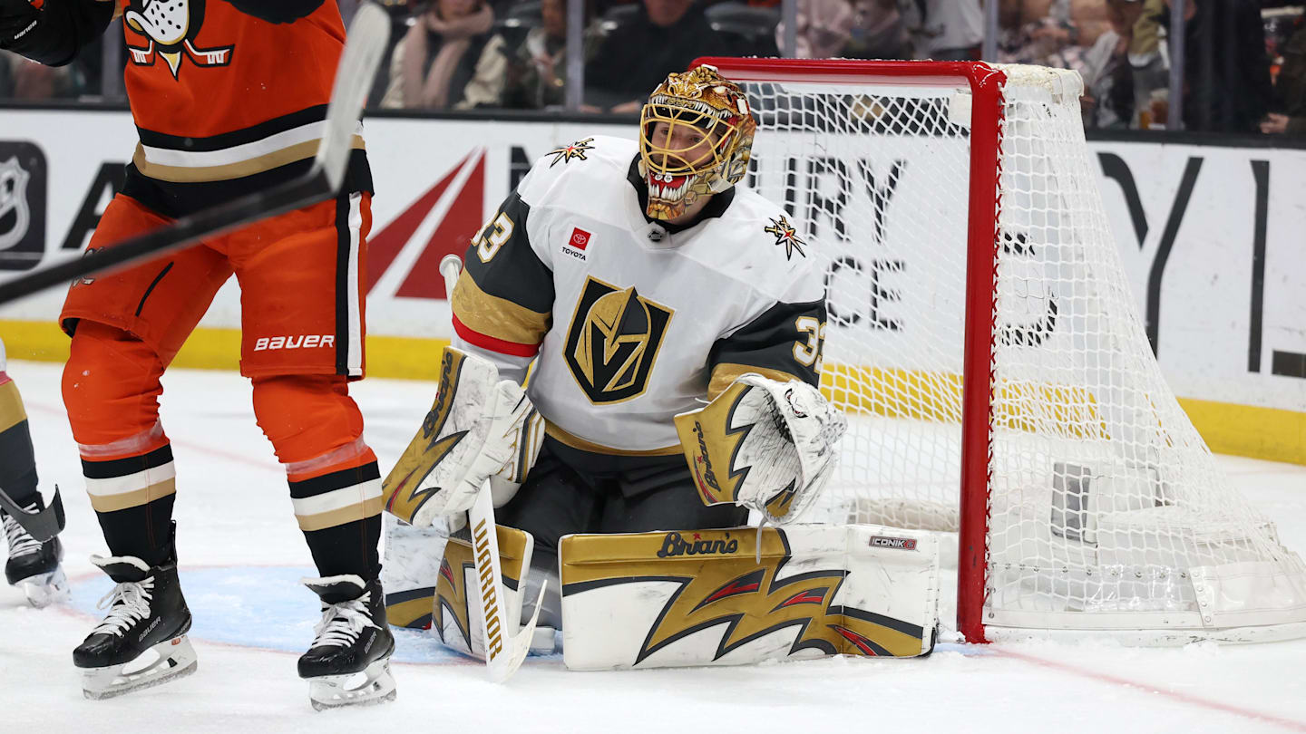Feb 1, 2026; Anaheim, California, USA;  Vegas Golden Knights goaltender Adin Hill (33) allows a goal to Anaheim Ducks left wing Cutter Gauthier (61) during the second period at Honda Center. Mandatory Credit: Kiyoshi Mio-Imagn Images