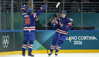 Feb 14, 2026; Milan, Italy;  Noah Hanifin of United States celebrates scoring their fourth goal with Tage Thompson of United States against Denmark in men's ice hockey group C play during the Milano Cortina 2026 Olympic Winter Games at Milano Santagiulia Ice Hockey Arena. Mandatory Credit: Geoff Burke-Imagn Images
