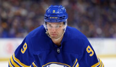 Oct 9, 2025; Buffalo, New York, USA;  Buffalo Sabres center Josh Norris (9) waits for the face-off during the first period against the New York Rangers at KeyBank Center. Mandatory Credit: Timothy T. Ludwig-Imagn Images