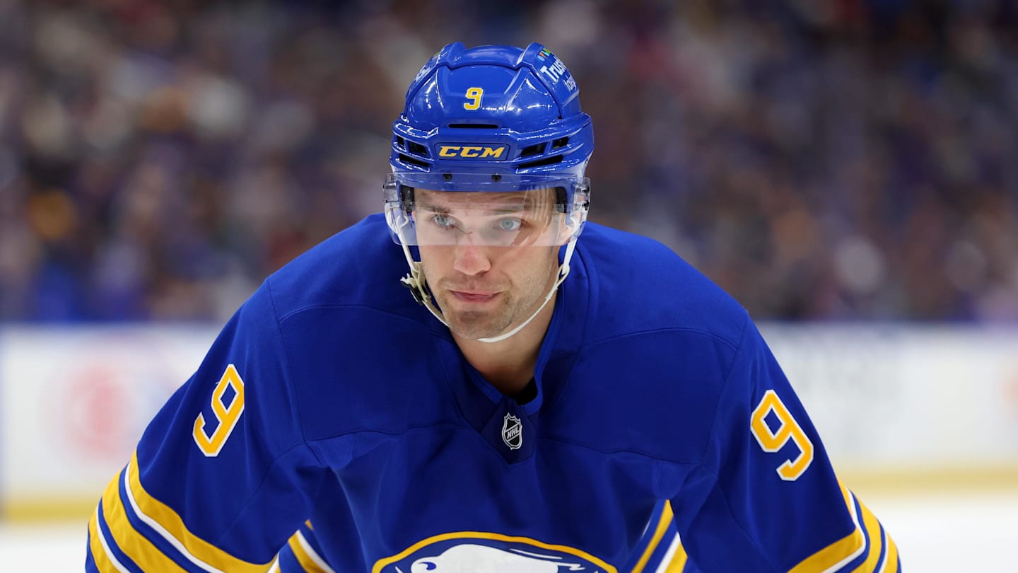 Oct 9, 2025; Buffalo, New York, USA;  Buffalo Sabres center Josh Norris (9) waits for the face-off during the first period against the New York Rangers at KeyBank Center. Mandatory Credit: Timothy T. Ludwig-Imagn Images