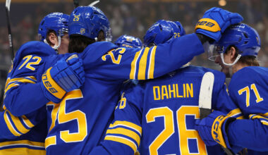 Jan 31, 2026; Buffalo, New York, USA;  Buffalo Sabres defenseman Owen Power (25) celebrates his goal with teammates during the second period against the Montréal Canadiens at KeyBank Center. Mandatory Credit: Timothy T. Ludwig-Imagn Images