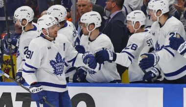 Feb 3, 2026; Edmonton, Alberta, CAN; The Toronto Maple Leafs celebrate a goal scored by  forward John Tavares (91) during the third period against the Edmonton Oilers at Rogers Place. Mandatory Credit: Perry Nelson-Imagn Images
