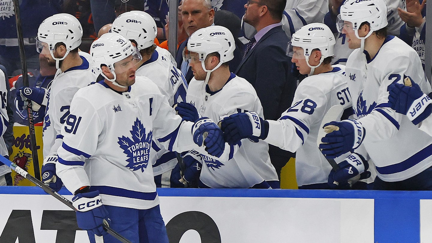 Feb 3, 2026; Edmonton, Alberta, CAN; The Toronto Maple Leafs celebrate a goal scored by  forward John Tavares (91) during the third period against the Edmonton Oilers at Rogers Place. Mandatory Credit: Perry Nelson-Imagn Images