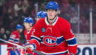 Oct 16, 2025; Montreal, Quebec, CAN; Montreal Canadiens right wing Patrik Laine (92) looks on during warm-up before the game against the Nashville Predators at Bell Centre. Mandatory Credit: David Kirouac-Imagn Images