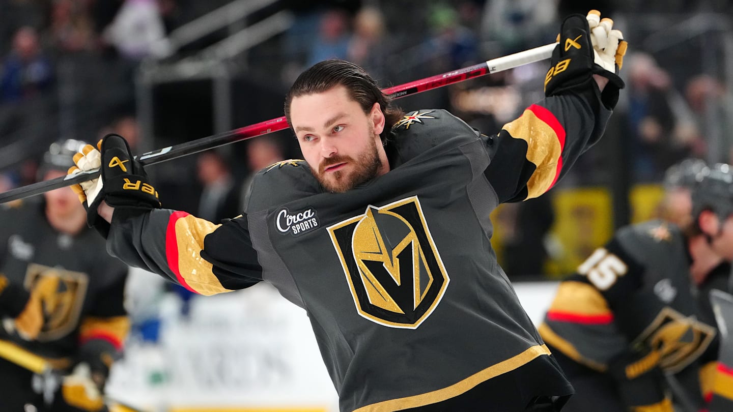 Feb 4, 2026; Las Vegas, Nevada, USA; Vegas Golden Knights defenseman Rasmus Andersson (4) warms up before the start of a game against the Vancouver Canucks at T-Mobile Arena. Mandatory Credit: Stephen R. Sylvanie-Imagn Images