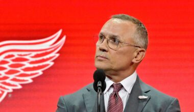 Jul 7, 2022; Montreal, Quebec, CANADA; Detroit Red Wings general manager Steve Yzerman announces Marco Kasper (not pictured) as the number eight overall pick to the Detroit Red Wings in the first round of the 2022 NHL Draft at Bell Centre. Mandatory Credit: Eric Bolte-Imagn Images