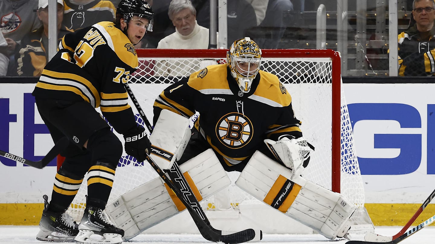 Feb 8, 2025; Boston, Massachusetts, USA; Boston Bruins goaltender Jeremy Swayman (1) and defenseman Charlie McAvoy (73) guard the front of the goal against the Vegas Golden Knights during the first period at TD Garden. Mandatory Credit: Winslow Townson-Imagn Images