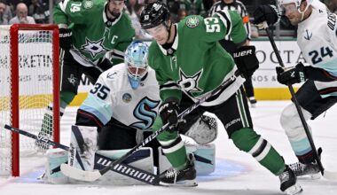Feb 25, 2026; Dallas, Texas, USA;  Dallas Stars center Wyatt Johnston (53) looks to push the puck past Seattle Kraken goaltender Joey Daccord (35) during the second period at the American Airlines Center. Mandatory Credit: Jerome Miron-Imagn Images