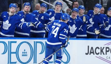 Jan 6, 2026; Toronto, Ontario, CAN; Toronto Maple Leafs center Bobby McMann (74) celebrates at the bench after scoring an empty net goal against the Florida Panthers during the third period at Scotiabank Arena. Mandatory Credit: Nick Turchiaro-Imagn Images