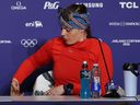 Gold medalist Breezy Johnson of Team United States speaks at press conference after the Women's Downhill at the Milano Cortina 2026 Winter Olympics.
