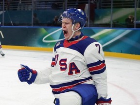 Brady Tkachuk celebrates after scoring