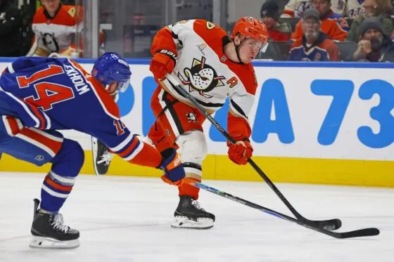 Jan 26, 2026; Edmonton, Alberta, CAN; Edmonton Oilers defensemen Mattias Ekholm (14) tries to blocks a shot by Anaheim Ducks defensemen Jackson LaCombe (2) during the second period at Rogers Place. Mandatory Credit: Perry Nelson-Imagn Images