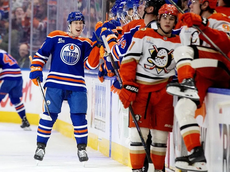  The Edmonton Oilers’ Spencer Stastney (24) celebrates his goal against the Anaheim Ducks during second period NHL action at Rogers Place, in Edmonton Monday Jan. 26, 2026.