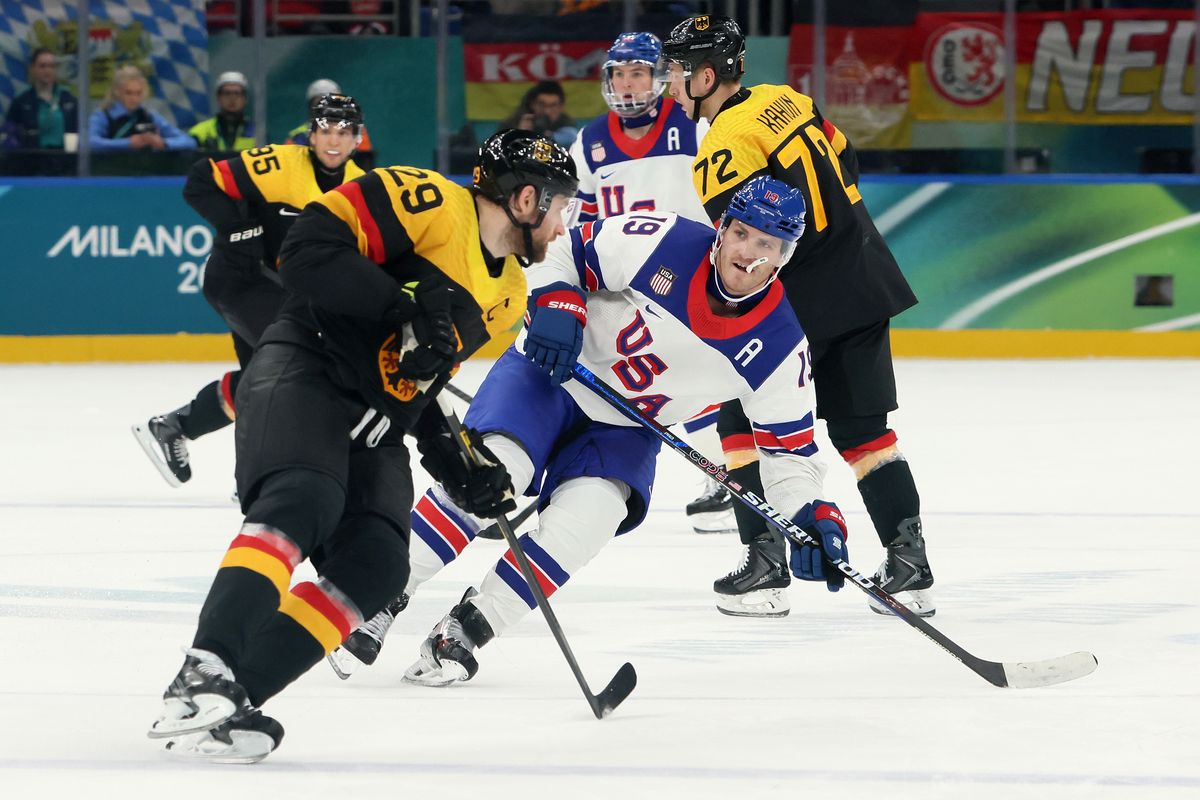 Matthew Tkachuk skates toward Leon Draisaitl during Sunday's 5-1 win