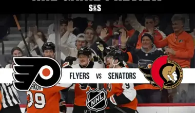 NHL game preview featuring the Flyers versus Senators, with excited fans cheering in the background. Stay updated on stats and analysis.