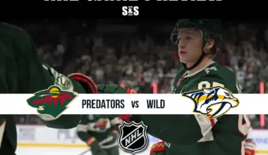A hockey player in a green jersey celebrates in an NHL game preview for Predators vs. Wild, with promotional text at the bottom.