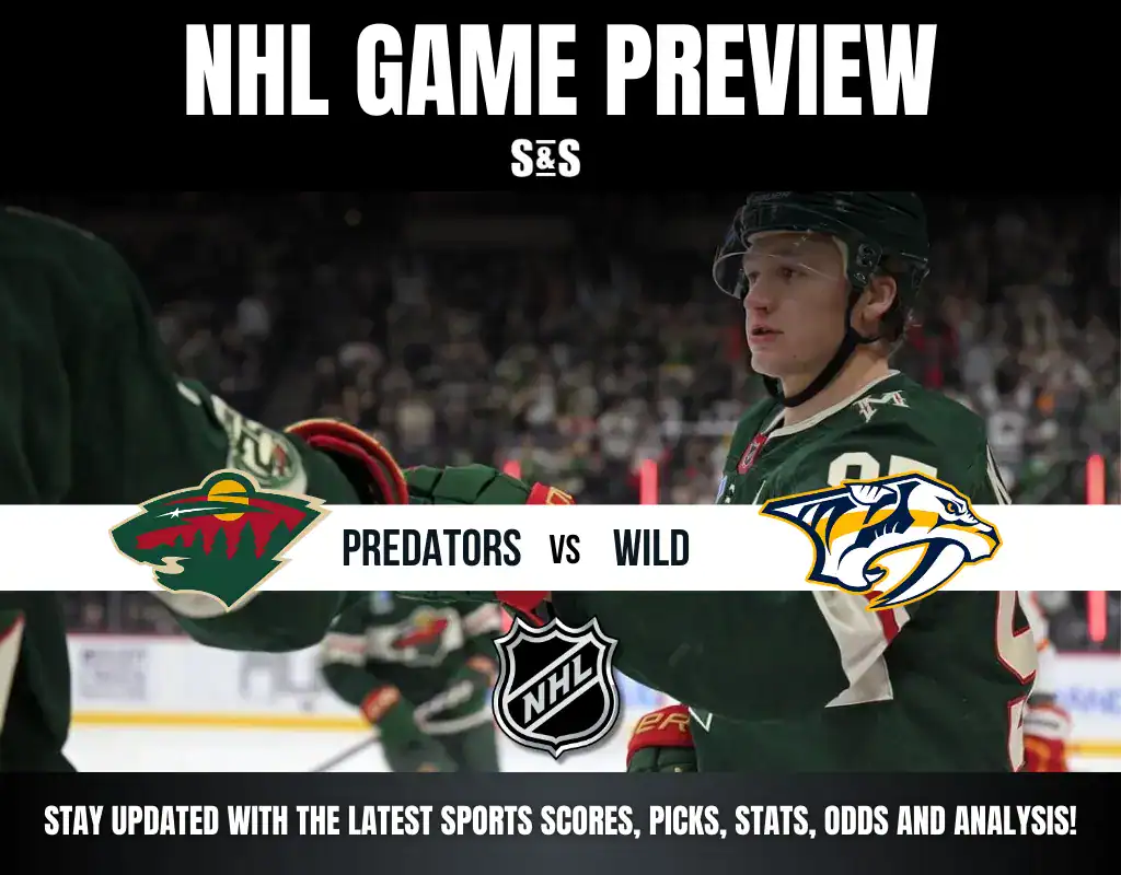 A hockey player in a green jersey celebrates in an NHL game preview for Predators vs. Wild, with promotional text at the bottom.