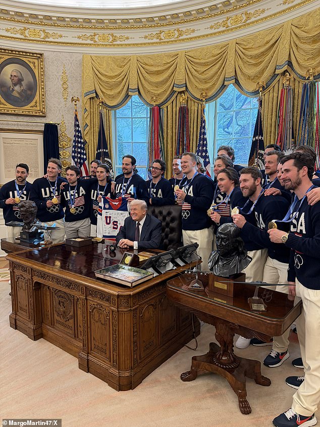 Hours earlier, the gold medalists joined president Donald Trump in the Oval Office
