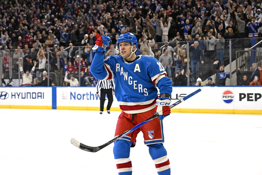 Rangers left wing Artemi Panarin (10) reacts after he scores a goal