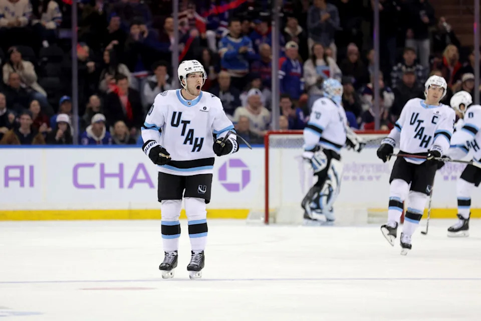 Jan 5, 2026; New York, New York, USA; Utah Mammoth defenseman Sean Durzi (50) reacts after being called for hooking during the third period against the New York Rangers at Madison Square Garden. Mandatory Credit: Brad Penner-Imagn Images