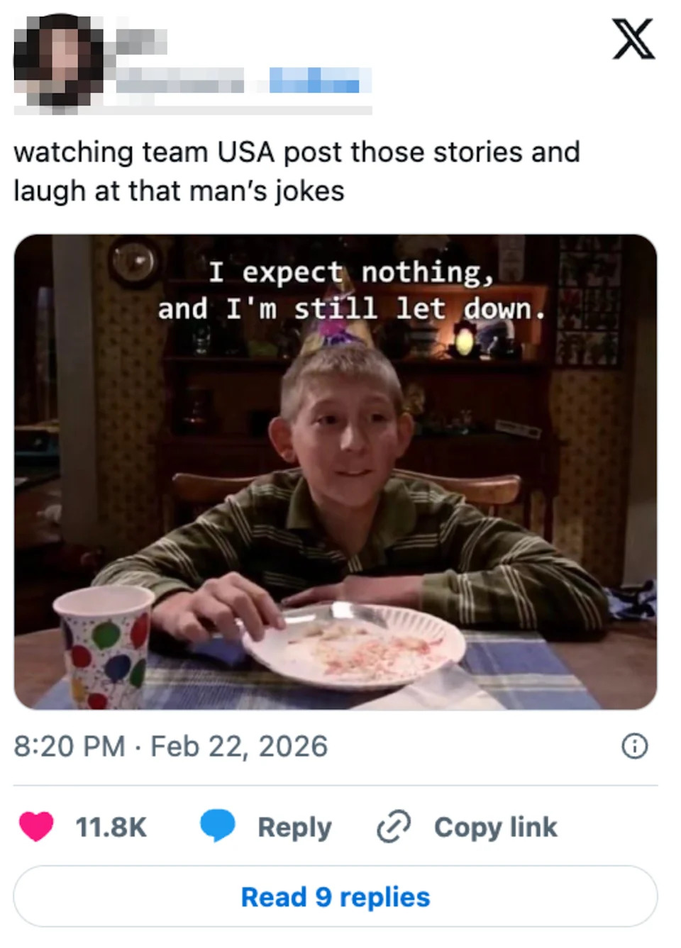 Meme image of a person sitting at a dining table with text: "I expect nothing, and I'm still let down." Overlayed on a tweet reading: "watching team USA post those stories and laugh at that man's jokes."