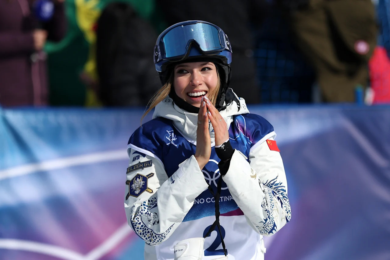 LIVIGNO, ITALY - FEBRUARY 22: Gold medalist Ailing Eileen Gu of Team People's Republic of China celebrates following the Women's Freeski Halfpipe Final on day sixteen of the Milano Cortina 2026 Winter Olympic games at Livigno Air Park on February 22, 2026 in Livigno, Italy. (Photo by Cameron Spencer/Getty Images)
