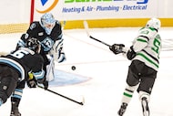Dallas Stars center Wyatt Johnston (53) shoots the puck against Utah Mammoth goaltender...