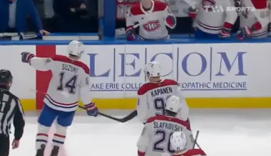 Nick Suzuki sends a jab to Sabres bench after Canadiens’ final goal in Buffalo