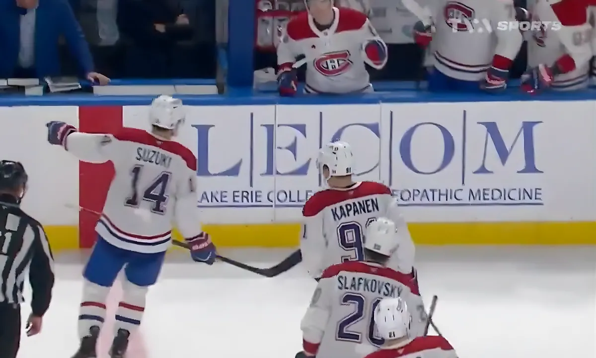 Nick Suzuki sends a jab to Sabres bench after Canadiens’ final goal in Buffalo