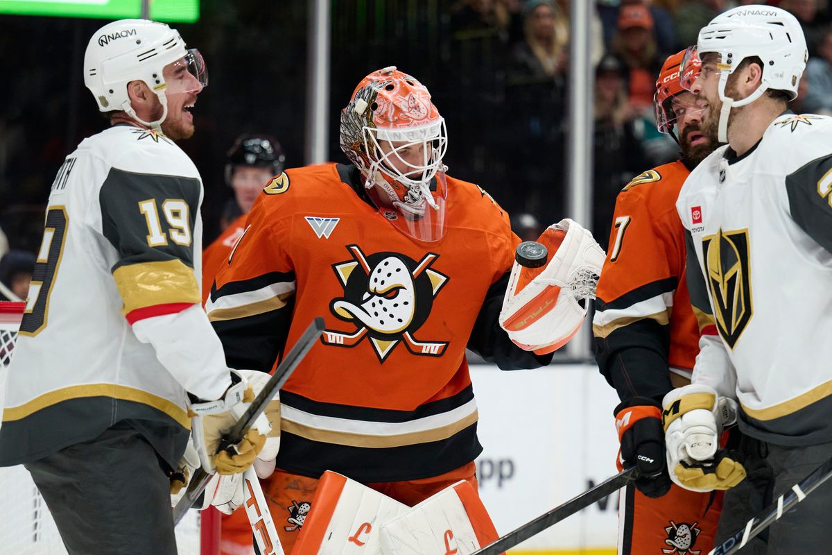 The Anaheim Ducks Goalie Lukas Dostal (1) shows a goal save against The Las Vegas Golden Knights February 1st, 2026 in Anaheim California. The Anaheim Ducks Goalie Lukas Dostal (1) shows a goal save against The Las Vegas Golden Knights February 1st, 2026 in Anaheim California.