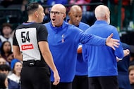 Dallas Mavericks head coach Jason Kidd argues a call with referee Ray Acosta (54) during the...