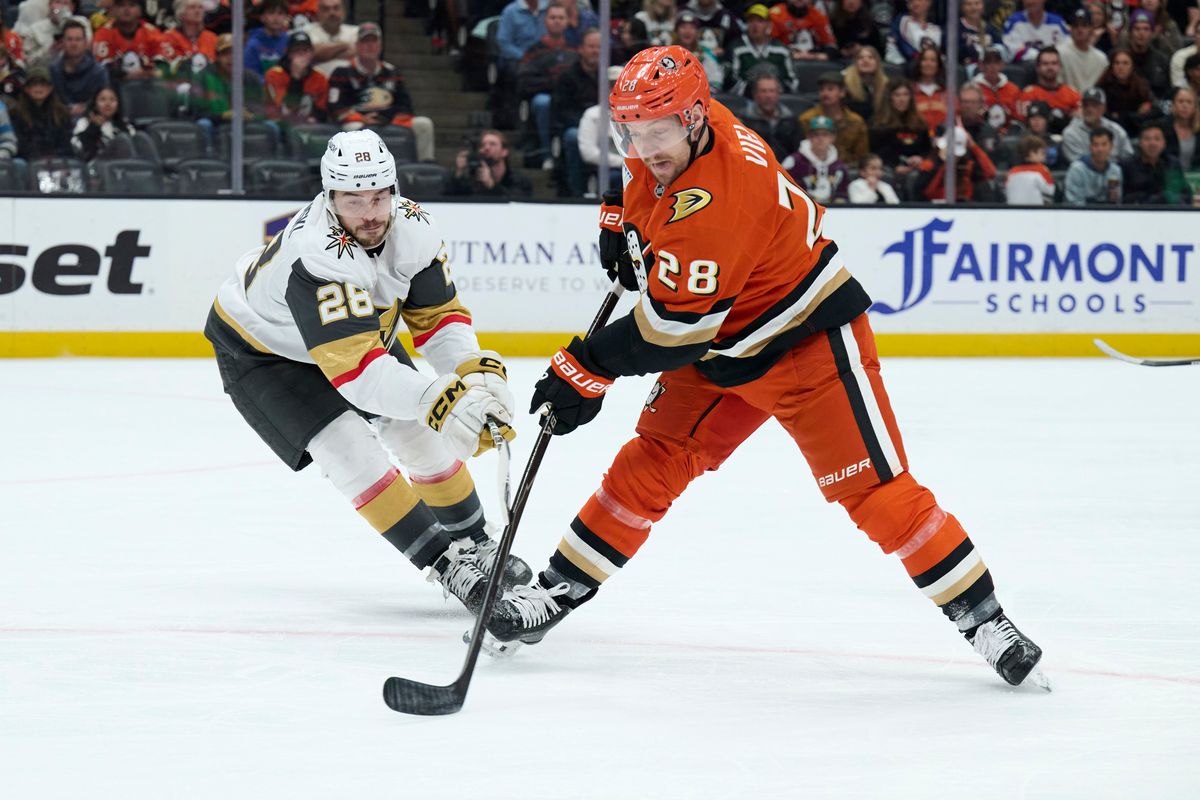 The Anaheim Ducks left wing Jeffrey Viel (28) shoots a goal attempt against The Las Vegas Golden Knights February 1st, 2026 in Anaheim California.