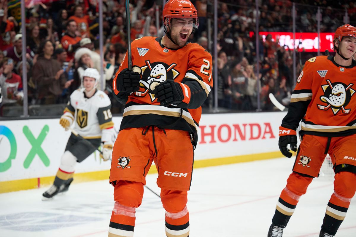The Anaheim Ducks center Ryan Poehling (25) celebrates a goal against The Las Vegas Golden Knights February 1st, 2026 in Anaheim California.