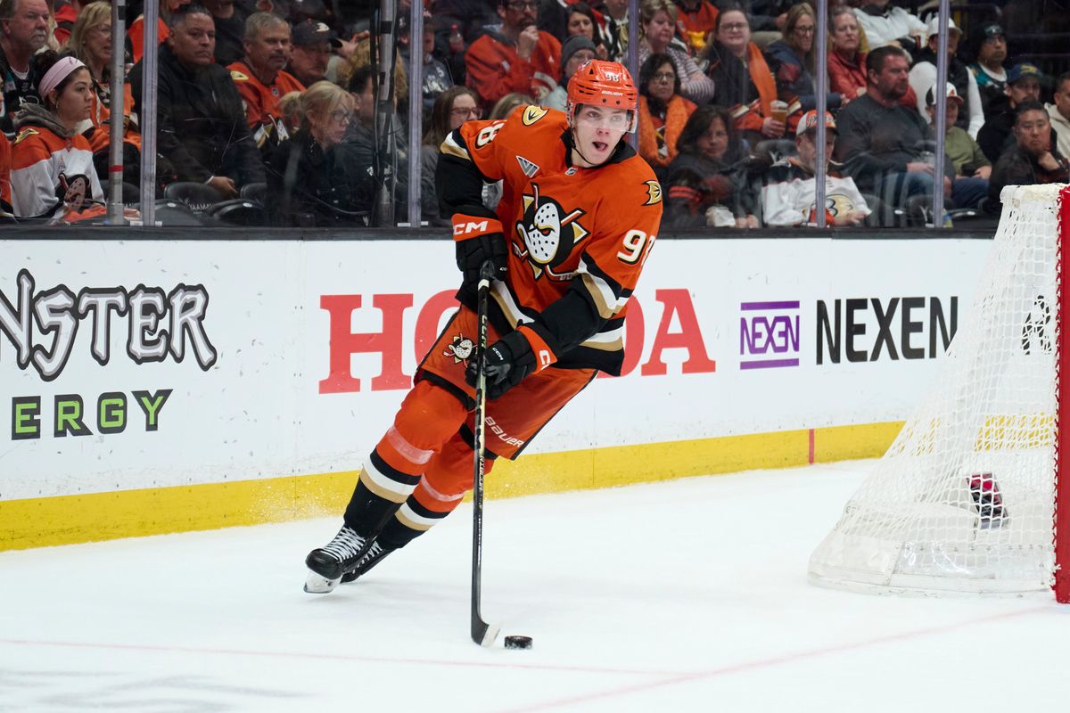 The Anaheim Duck defender Pavel Mintyukov (98) skates with the puck against The Las Vegas Golden Knights February 1st, 2026 in Anaheim California.