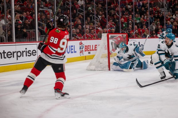 Chicago Blackhawks center Connor Bedard (98) scores a goal past San Jose Sharks goaltender Yaroslav Askarov (30) during the first period at the United Center Monday Feb. 2, 2026 in Chicago. (Armando L. Sanchez/Chicago Tribune)