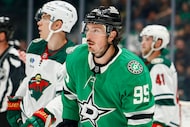 Dallas Stars center Matt Duchene (95) stands on the ice during a timeout during the first...